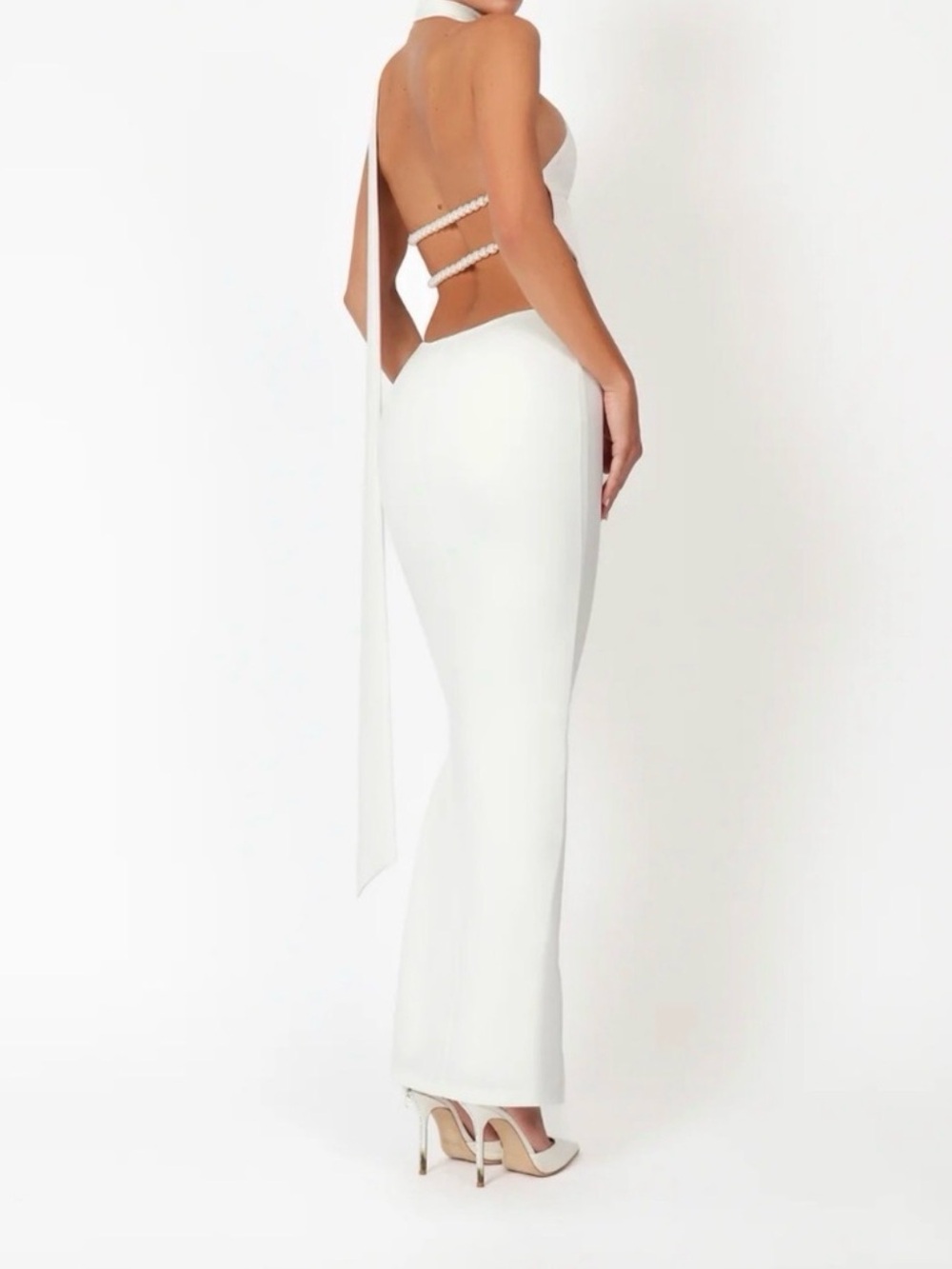 White Backless Halter Maxi Evening Gown with Pearl Back Straps from Khanum’s